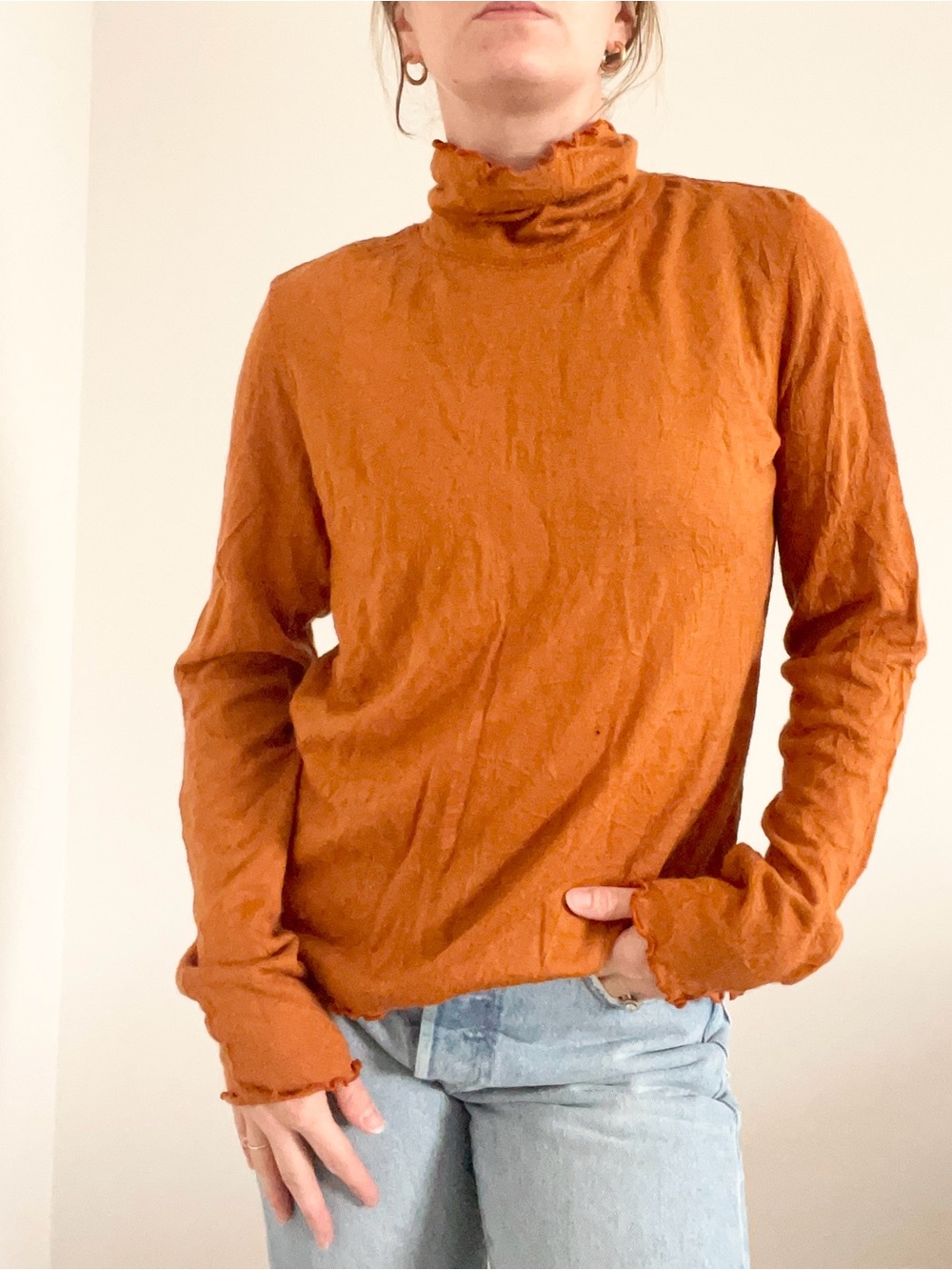 Son Skins Ruffle Turtle Neck Long-Sleeve Top in Rust Orange